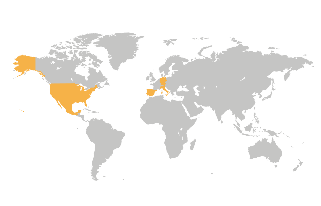 GreenSol global operations map showing EPC services for renewable energy projects across the United States, Mexico, Spain, Italy and Germany.